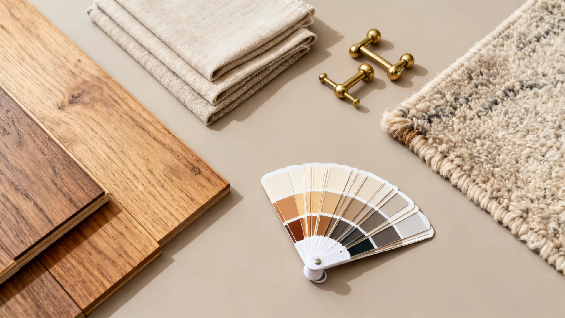 Flatlay of hardwood, fabric swatches, brass hardware, and rug sample for a formal living room palette.