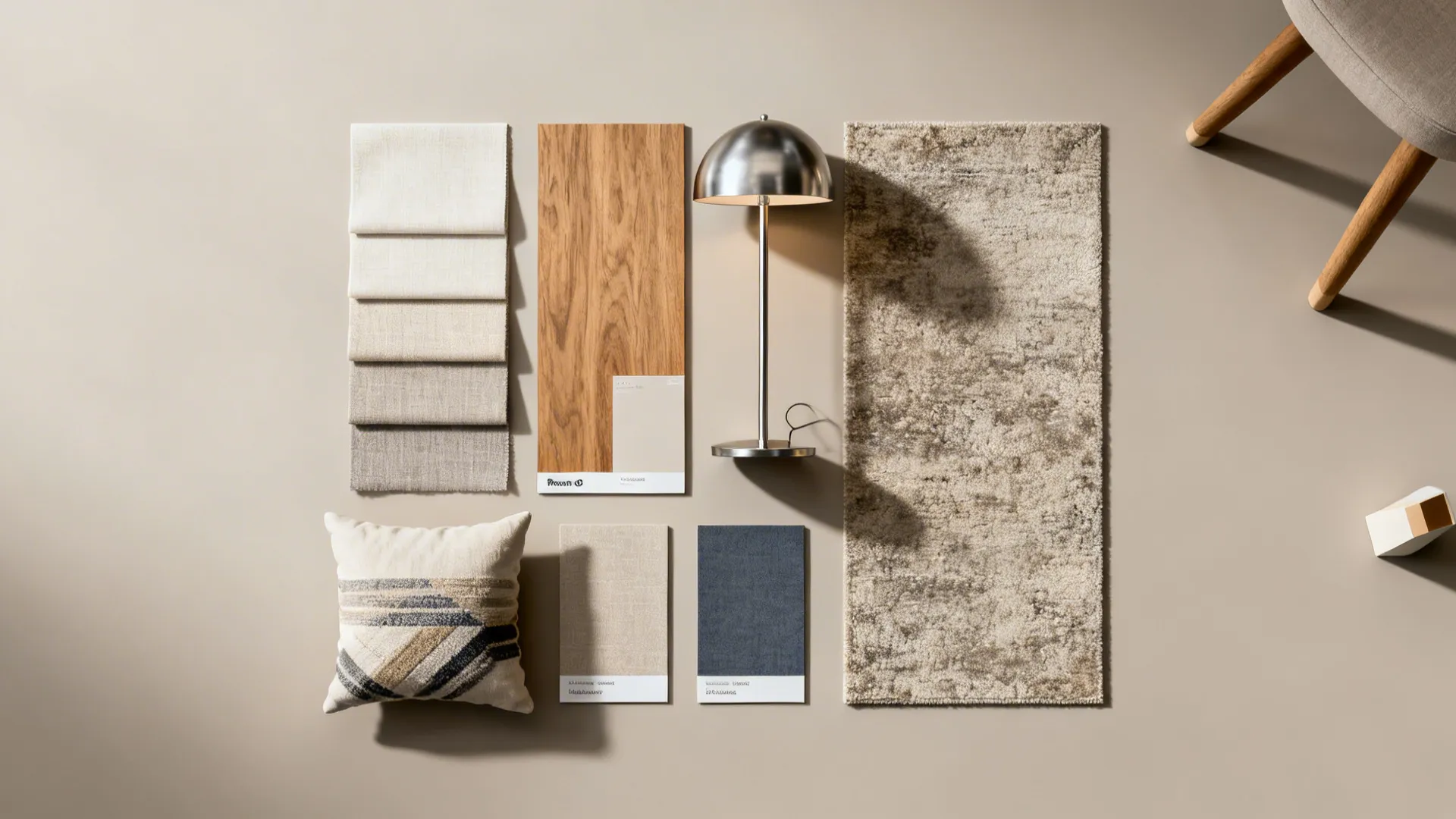 Flatlay of neutral fabric and wood finish swatches plus accent chips for a small Room to Go living room scheme