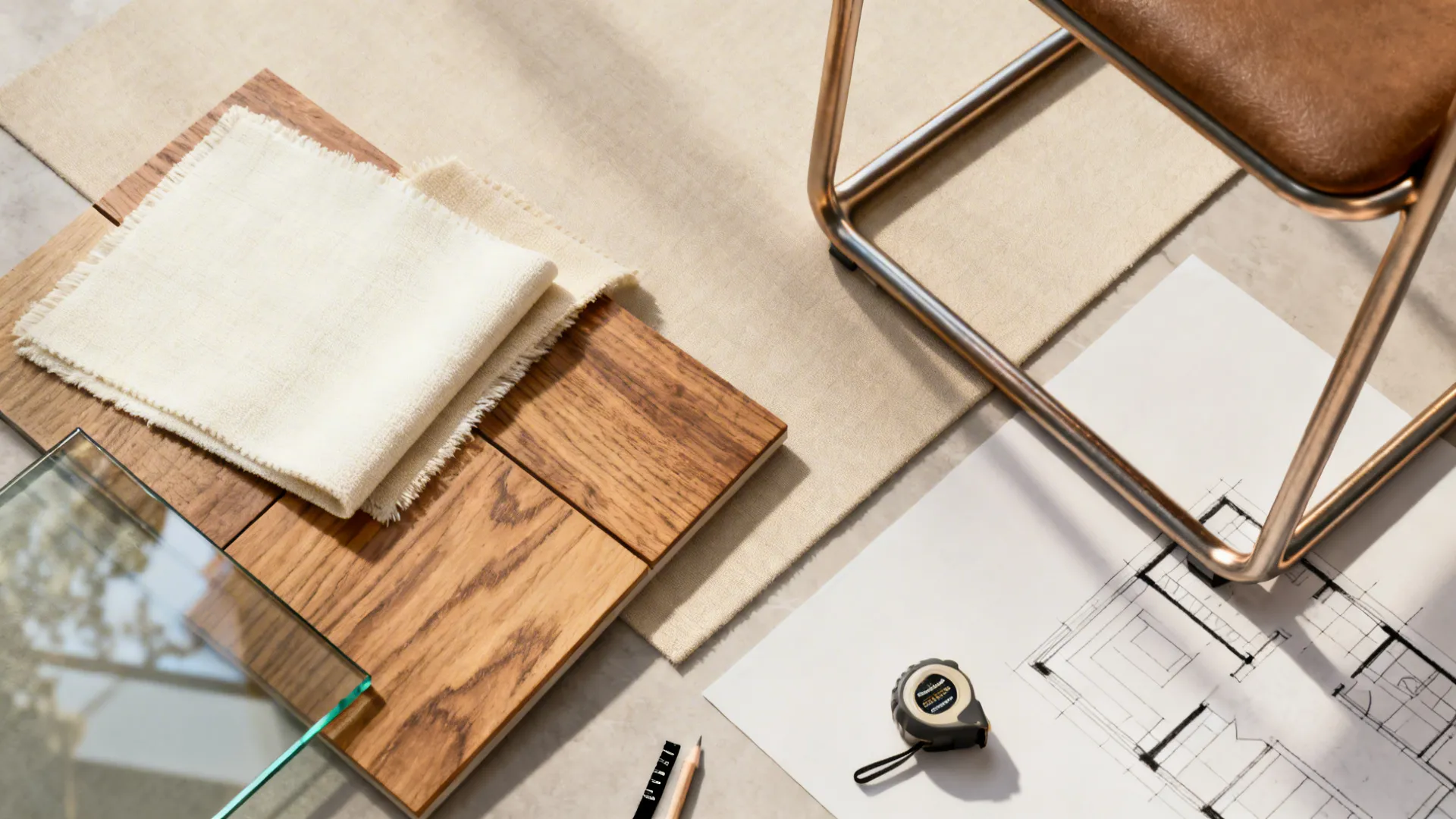 Flatlay showing wooden floor samples, fabric samples, interior design drawing, tape measure, and a chair leg