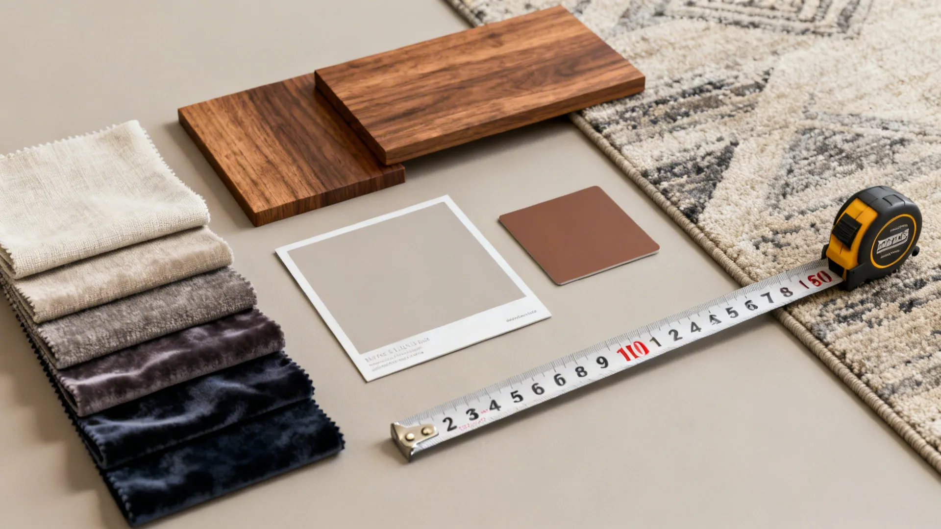 Top-down flatlay of fabric swatches, wood finishes, rug sample and measure tape for small living room planning.