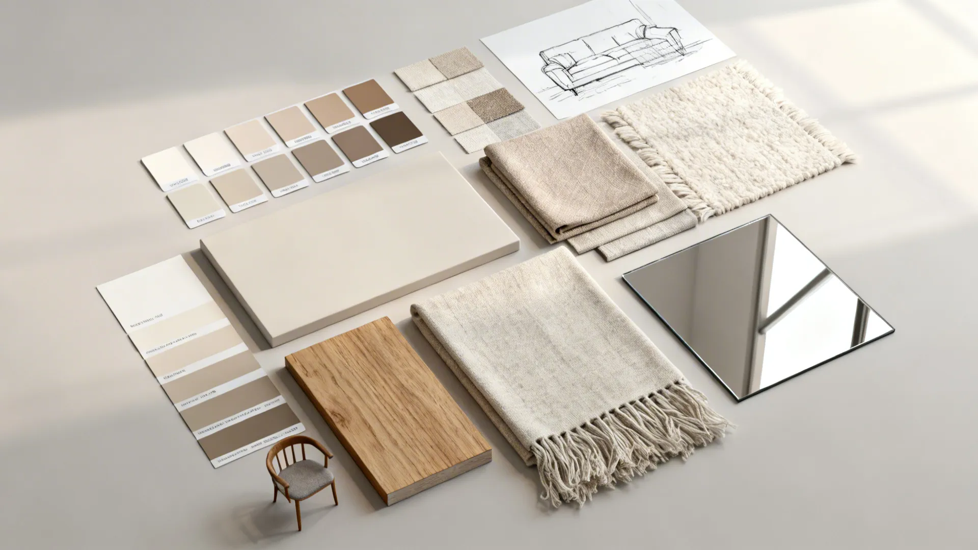 Interior design mood board with color swatches, fabric samples, wood block, mirror, and sofa sketch
