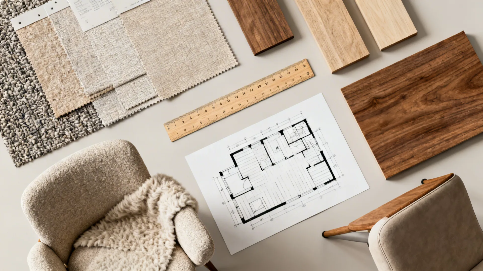 Top-down flatlay of fabric swatches, wood samples and a simple floor plan for chair placement