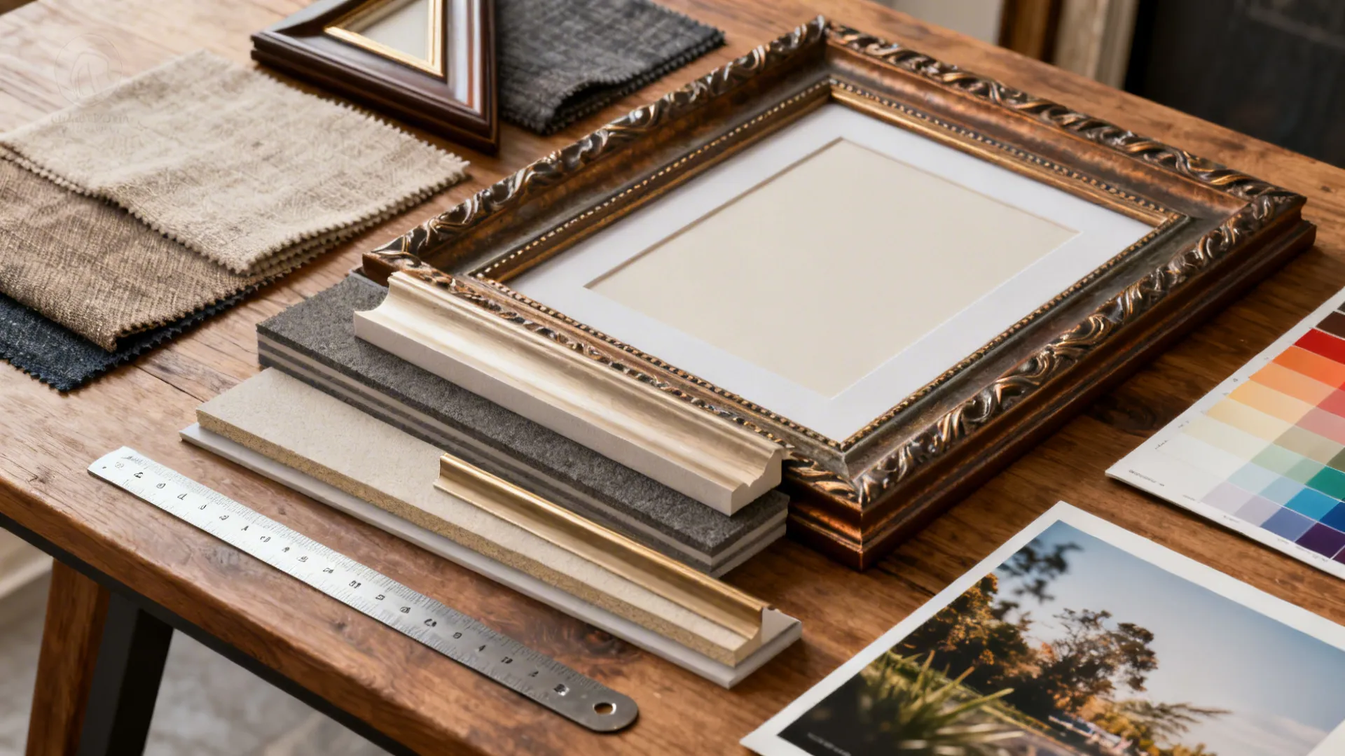Flatlay of framing samples, mat swatches and high-resolution photo print samples on a table.