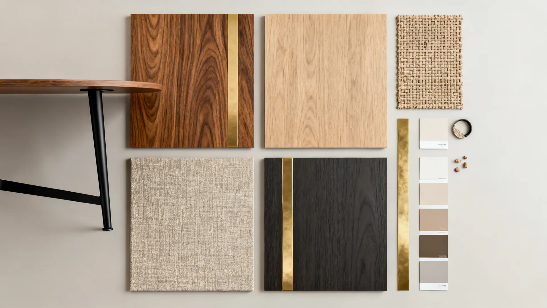 Flatlay of wood, metal, fabric and paint swatches for selecting a cohesive 4-piece table set palette.