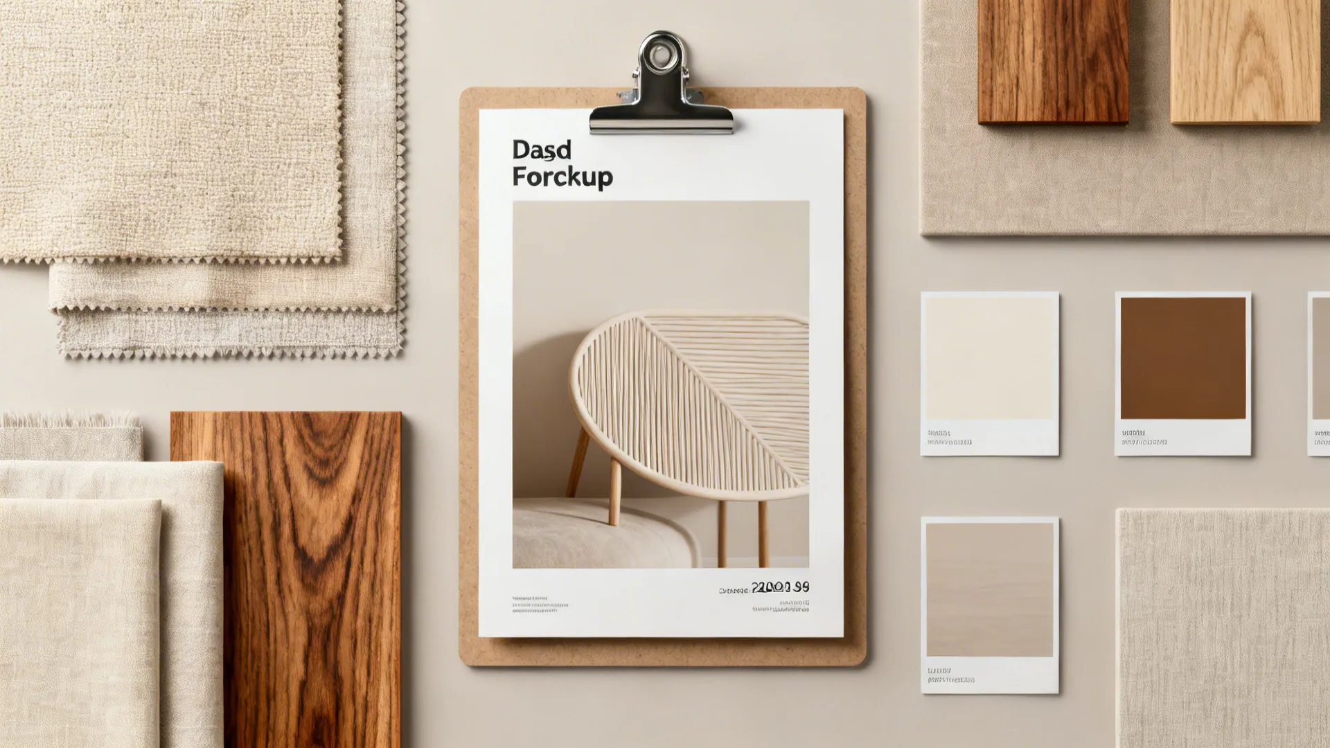 Flatlay of fabric swatches, wood samples and a mockup oversized print showing balanced materials for a statement wall.