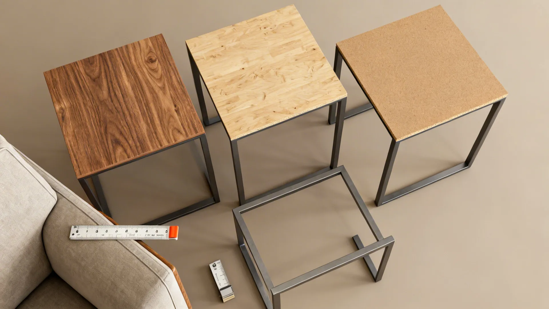 Material and color swatches for side tables including wood, plywood, MDF and metal samples with a measuring tape.
