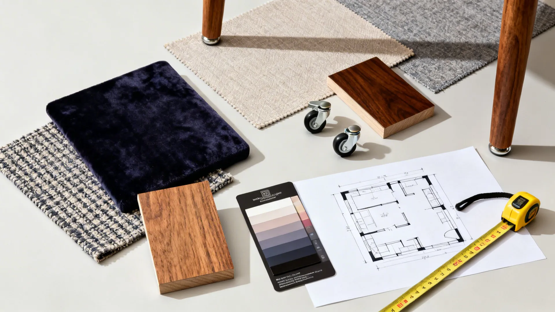 Flatlay of upholstery swatches, wood samples, casters and a floor-plan sketch for ottoman choices.