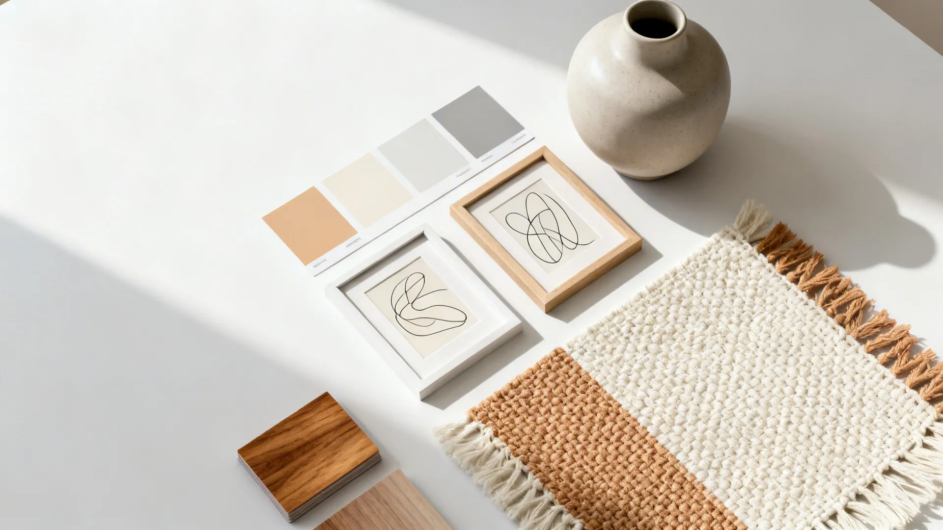 Flatlay of paint swatches, prints, woven sample and ceramics for dining room planning