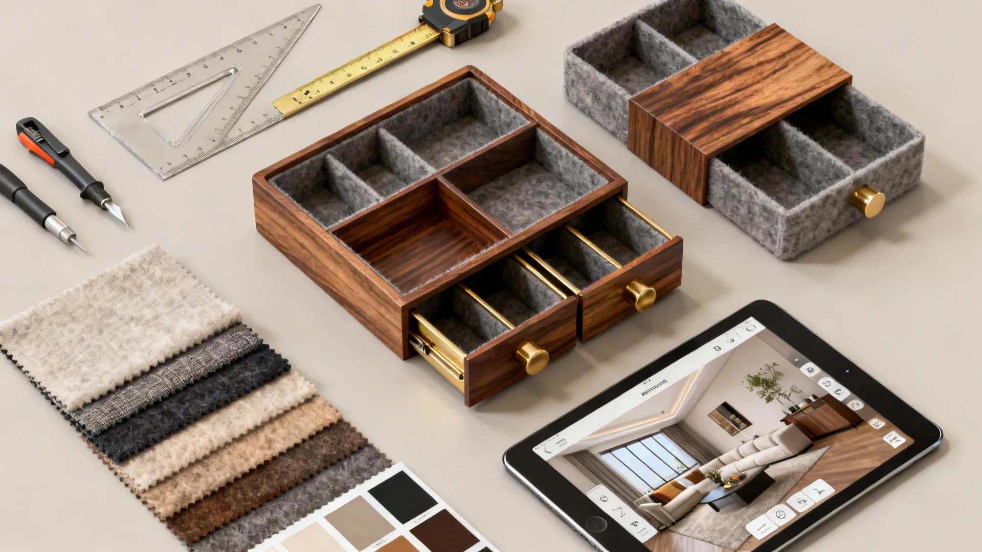 Flatlay of measurement tools, fabric swatches, drawer liners, and a tablet showing a 3D room visualizer.