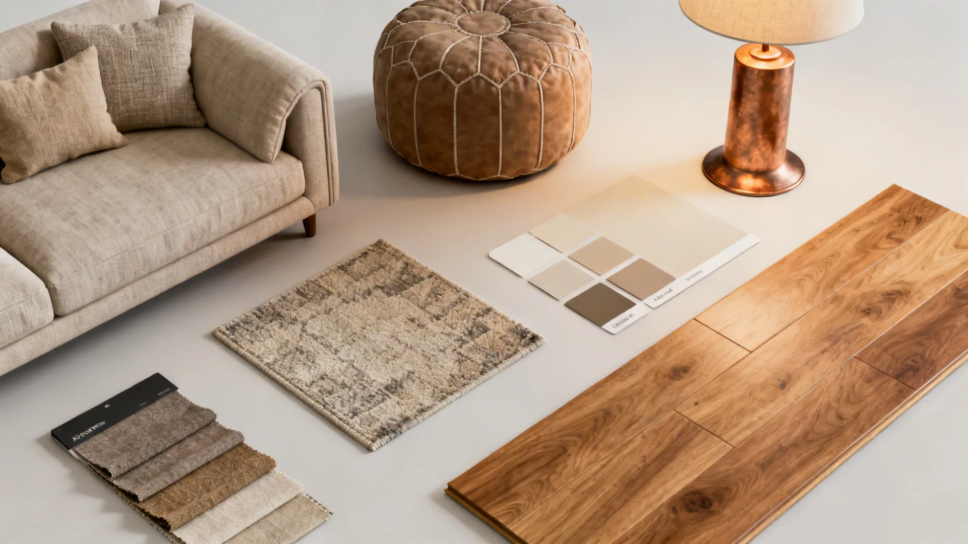 Interior design material board with wood flooring fabric samples rug pieces footrest and a table lamp