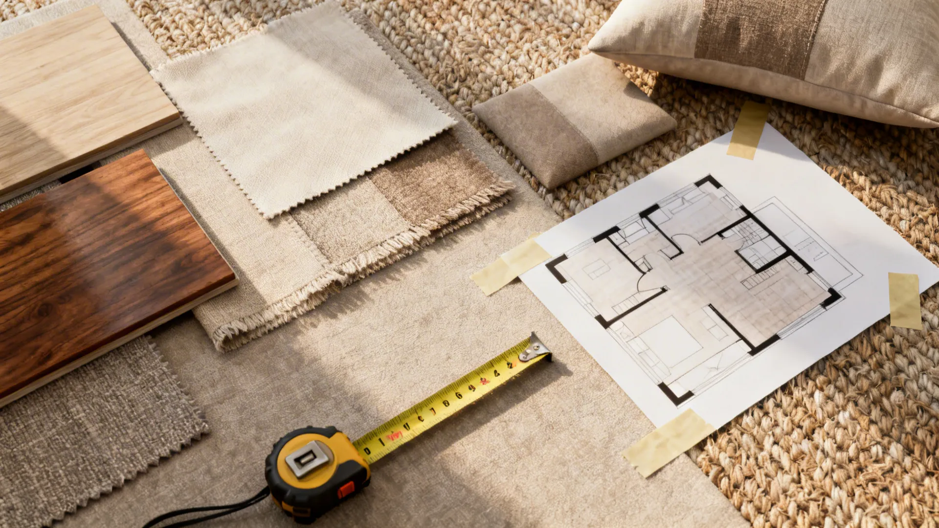 Top-down flatlay of fabric swatches, wood samples and a simple floorplan mockup for budget planning.