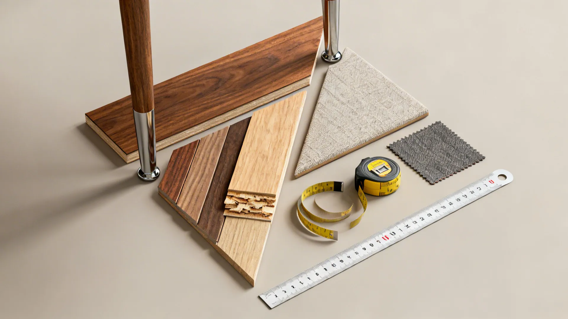 Flat lay of wood flooring samples fabric swatches measuring tape and a metal ruler on table