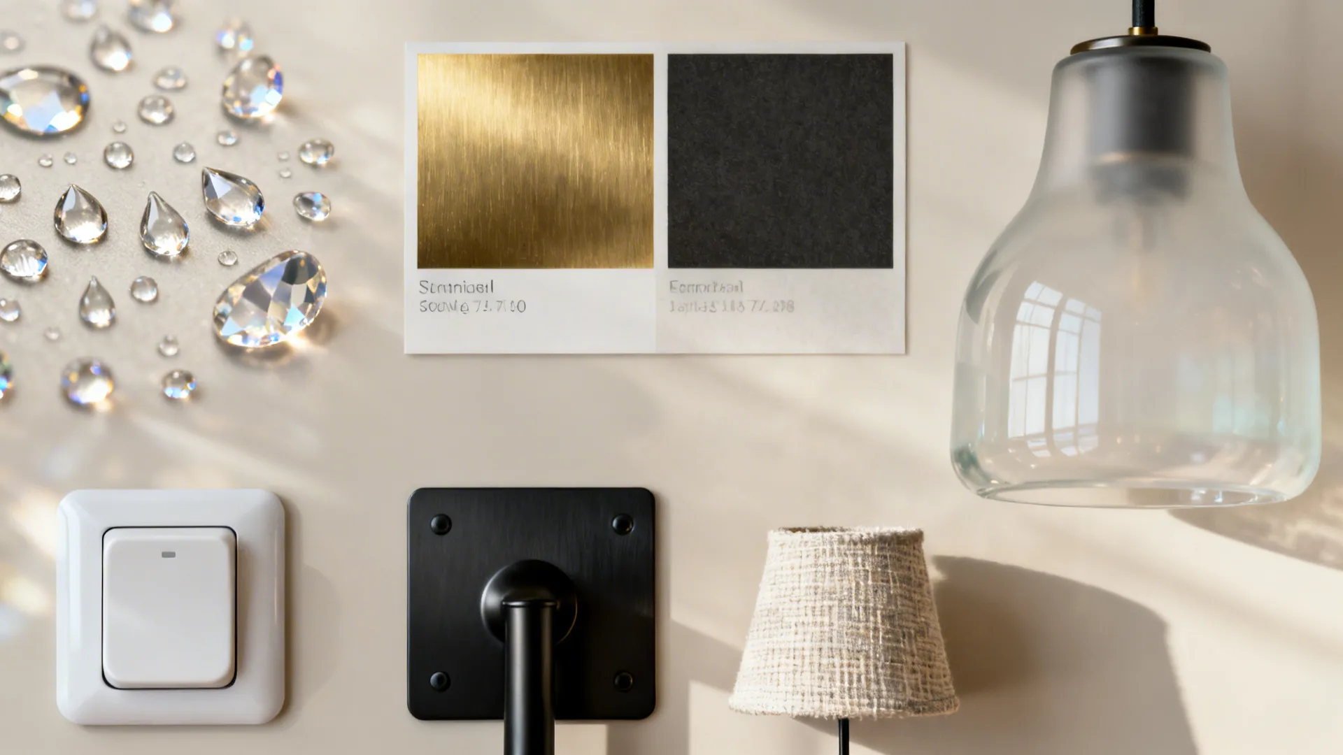 Flatlay of chandelier material samples including crystal, metal finishes, glass shades and dimmer sample.