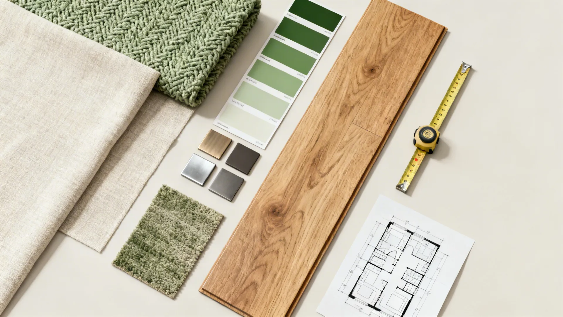 Flatlay of material swatches, flooring sample, and small floorplan for a contemporary small living room.