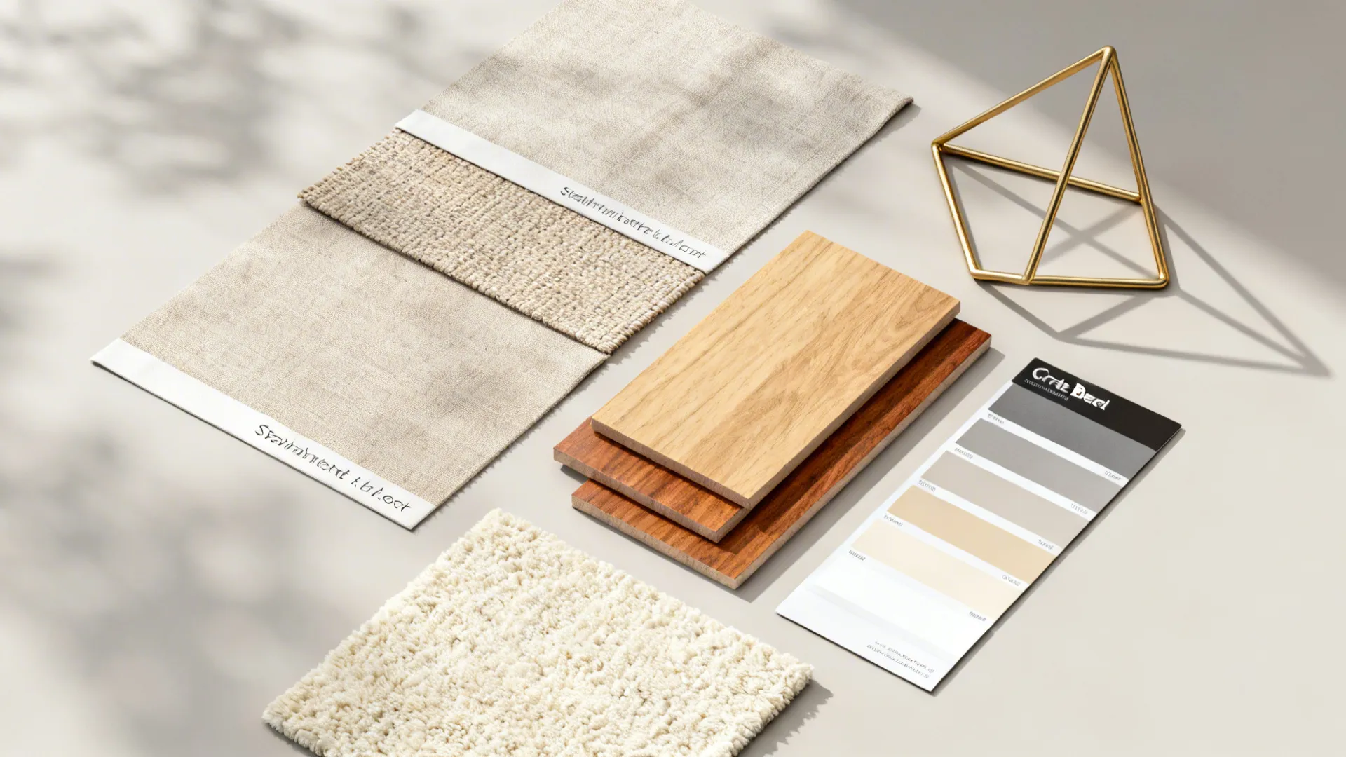 Flatlay of fabric swatches, wood samples and rug sample for budget-friendly living room design