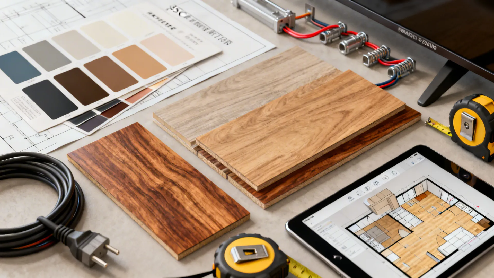 Flatlay of paint swatches, wood samples, cable components and a tablet with a 3D planner.