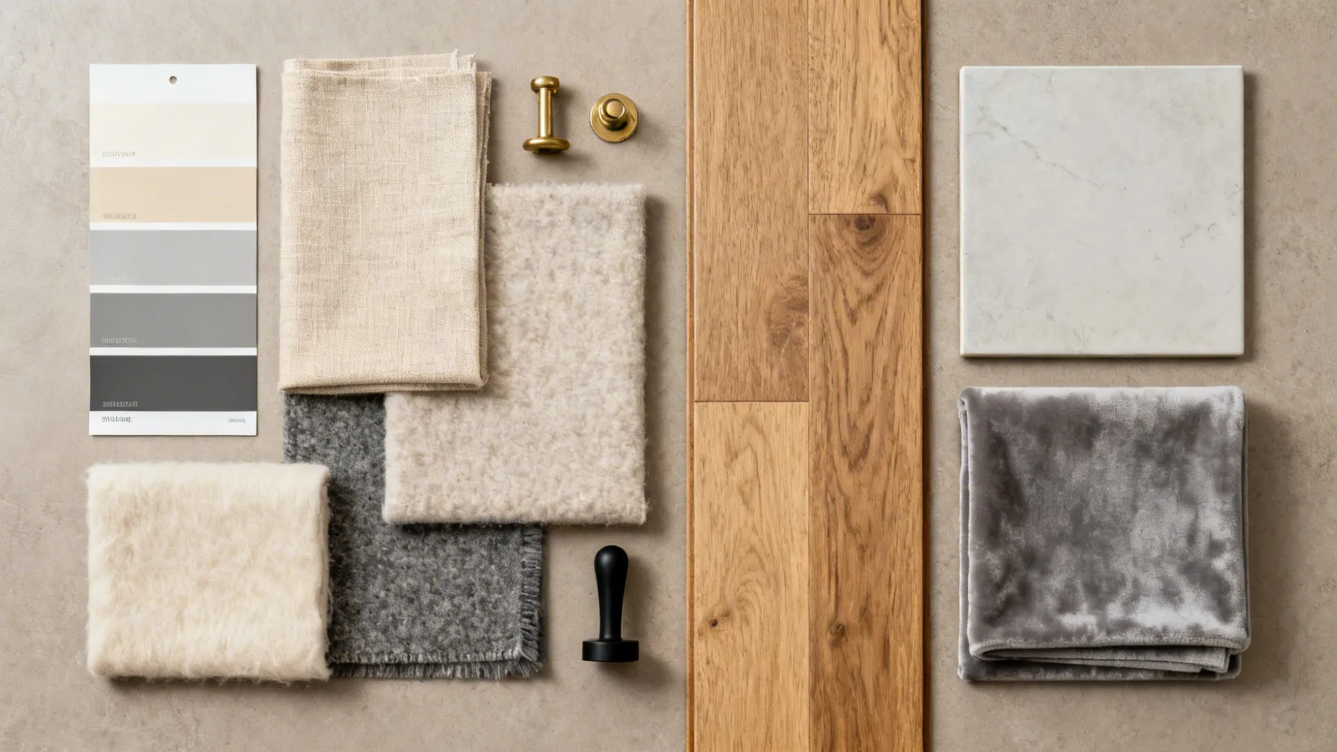 Flatlay of beige and grey material swatches, fabrics, wood and hardware samples