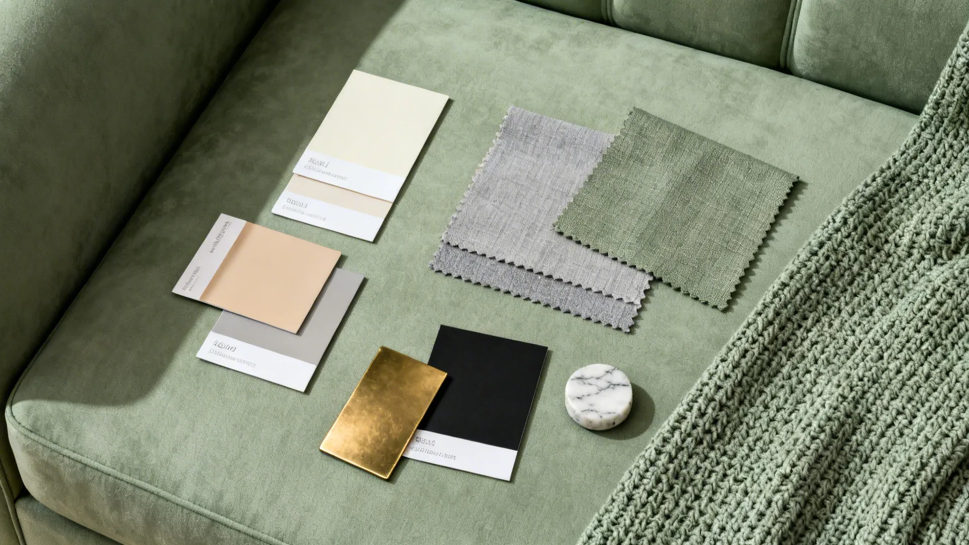 Flatlay of paint chips, fabric swatches and metal samples for a sage couch palette.