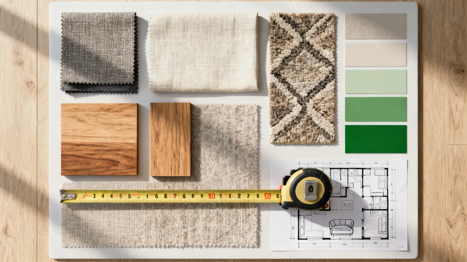Flatlay of fabric swatches, rug samples, color chips and a tape measure for small living room planning