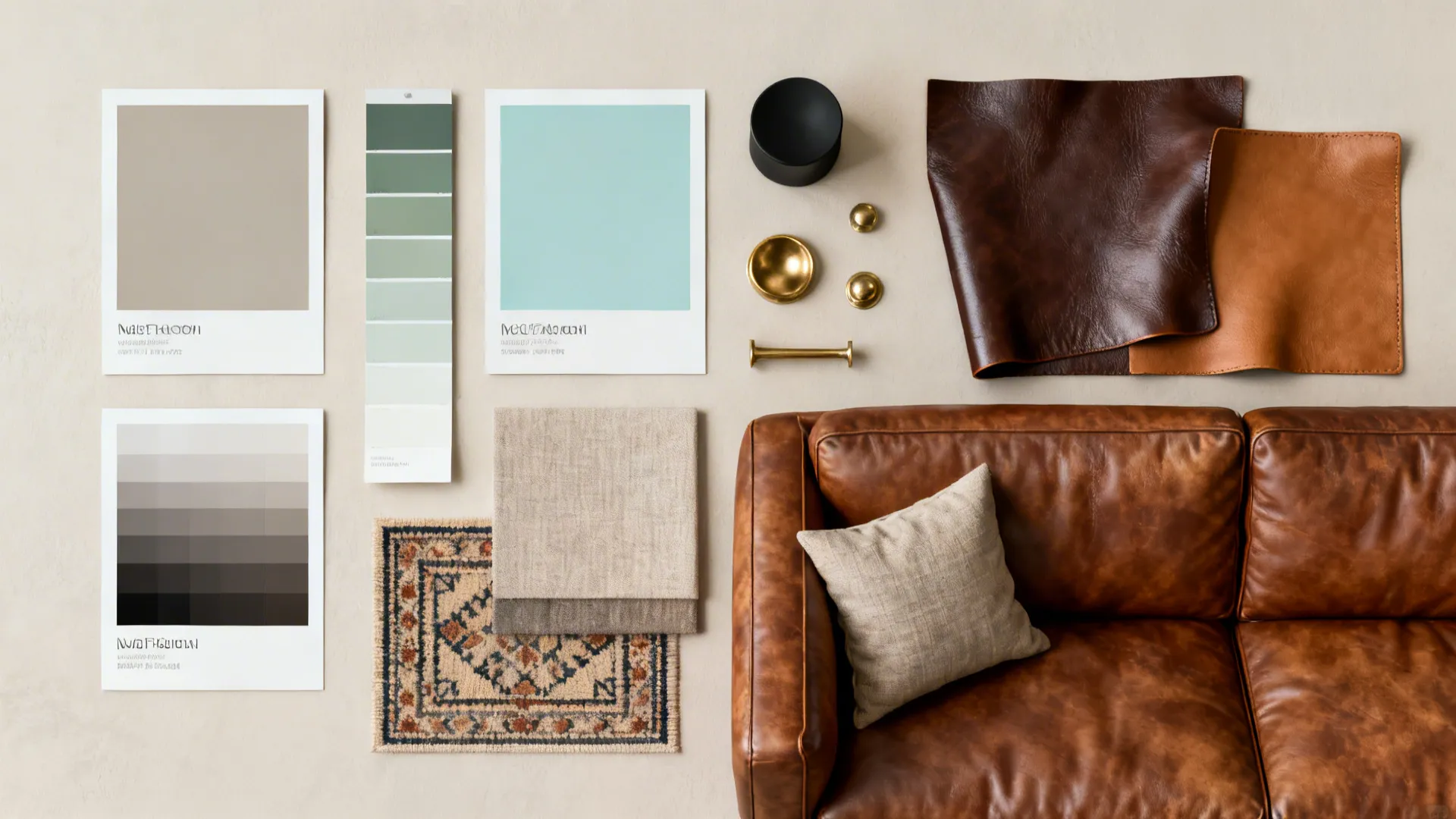 Flatlay of paint swatches, leather samples, metal finishes and fabric swatches