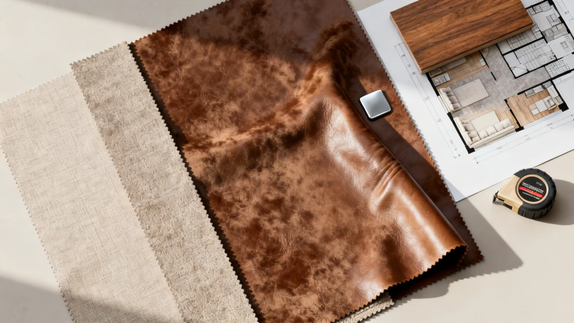 Flatlay of velvet, leather, wood and metal swatches with a room floorplan for scale testing.