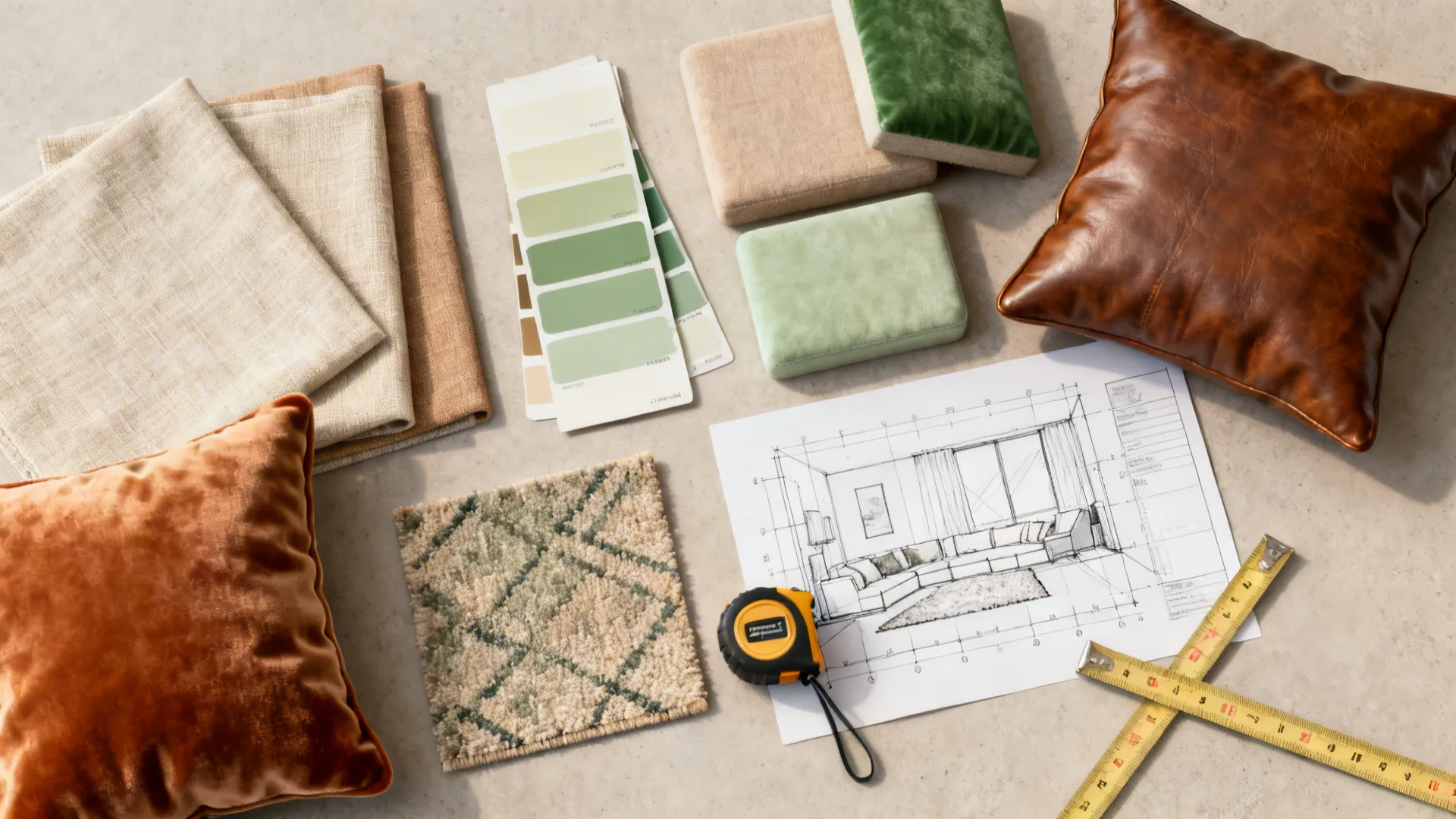 Flatlay of fabric swatches, paint chips, rug sample, and a room planner sketch for sofa selection.