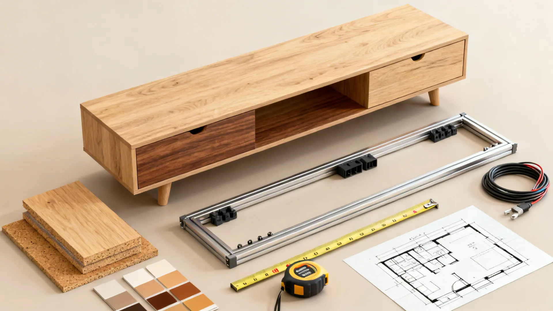 Flatlay of materials and tools for planning a small-space TV stand, including wood samples and cable accessories.