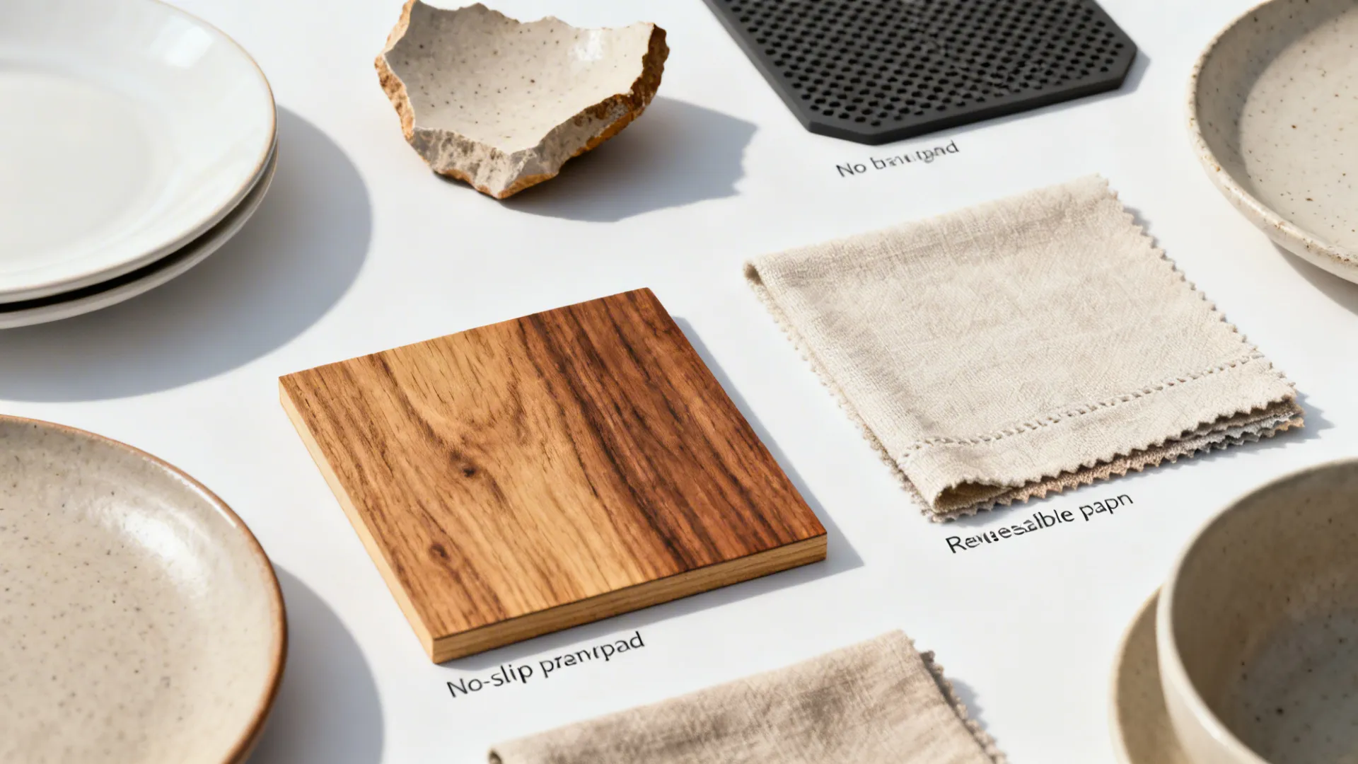 Flat lay of interior materials including wood sample ceramic plates fabric swatch and black pad