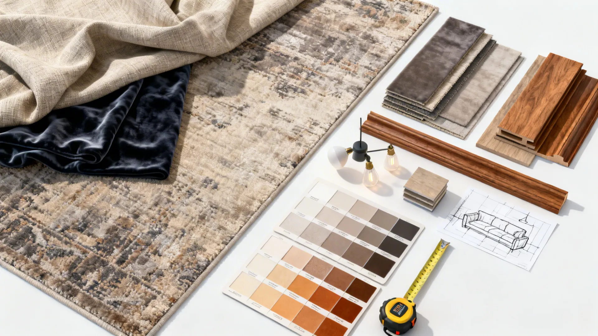 Top-down flatlay of fabric, rug and paint swatches for planning a high-ceiling living room.