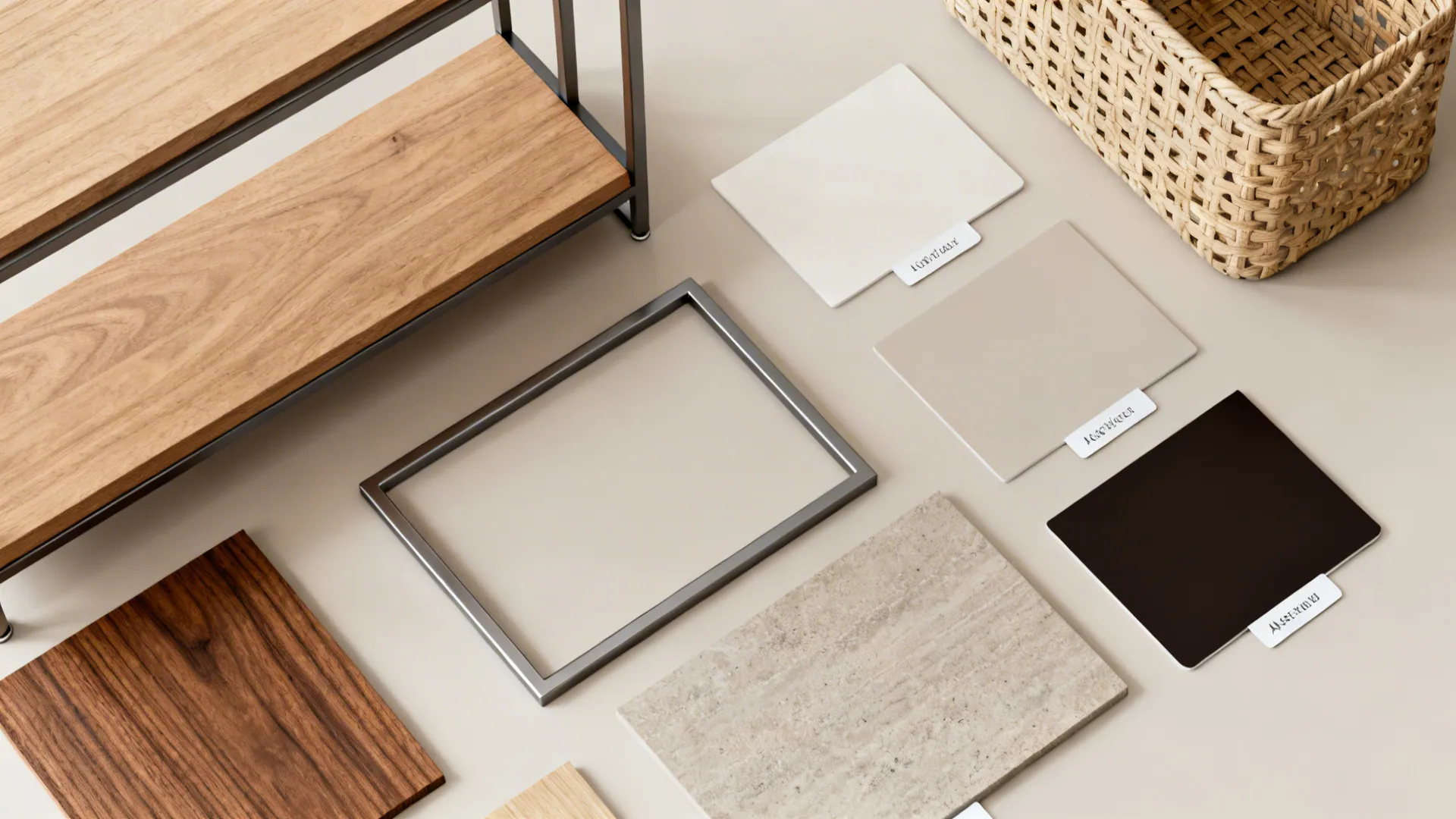 Flatlay of wood, metal, and basket material swatches for shelving finishes.
