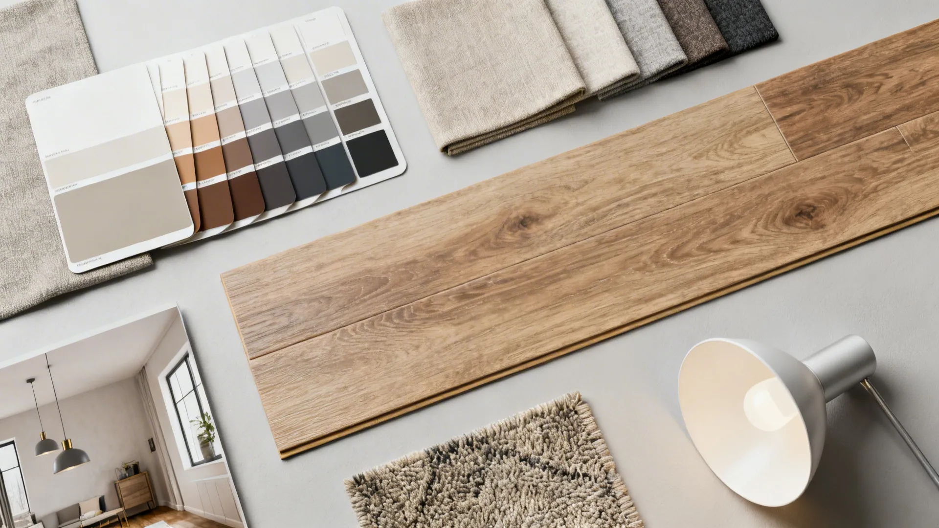 Flatlay of paint swatches, fabric and flooring samples for planning a cohesive small-room palette.