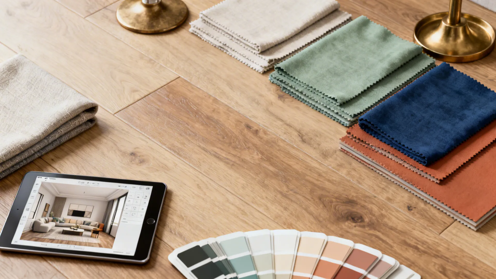 Flatlay of flooring, fabric swatches, brass sample and paint fan deck for living room color planning.