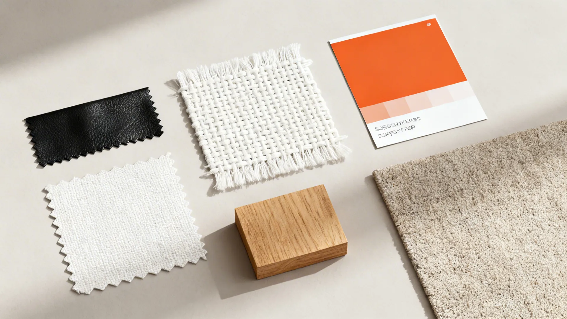 Interior design material board with fabric swatches wooden block carpet sample and orange color card
