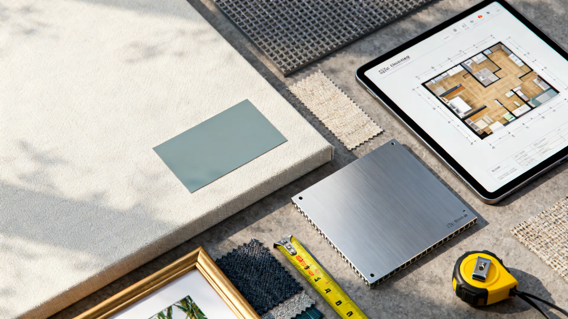 Flatlay of canvas, metal panel, textile swatches, measuring tape and a tablet with a 3D floor planner mockup.