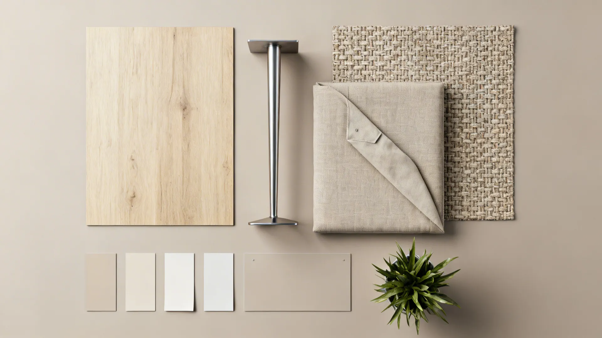 Material flatlay with wood, metal, and upholstery swatches for a modern living room
