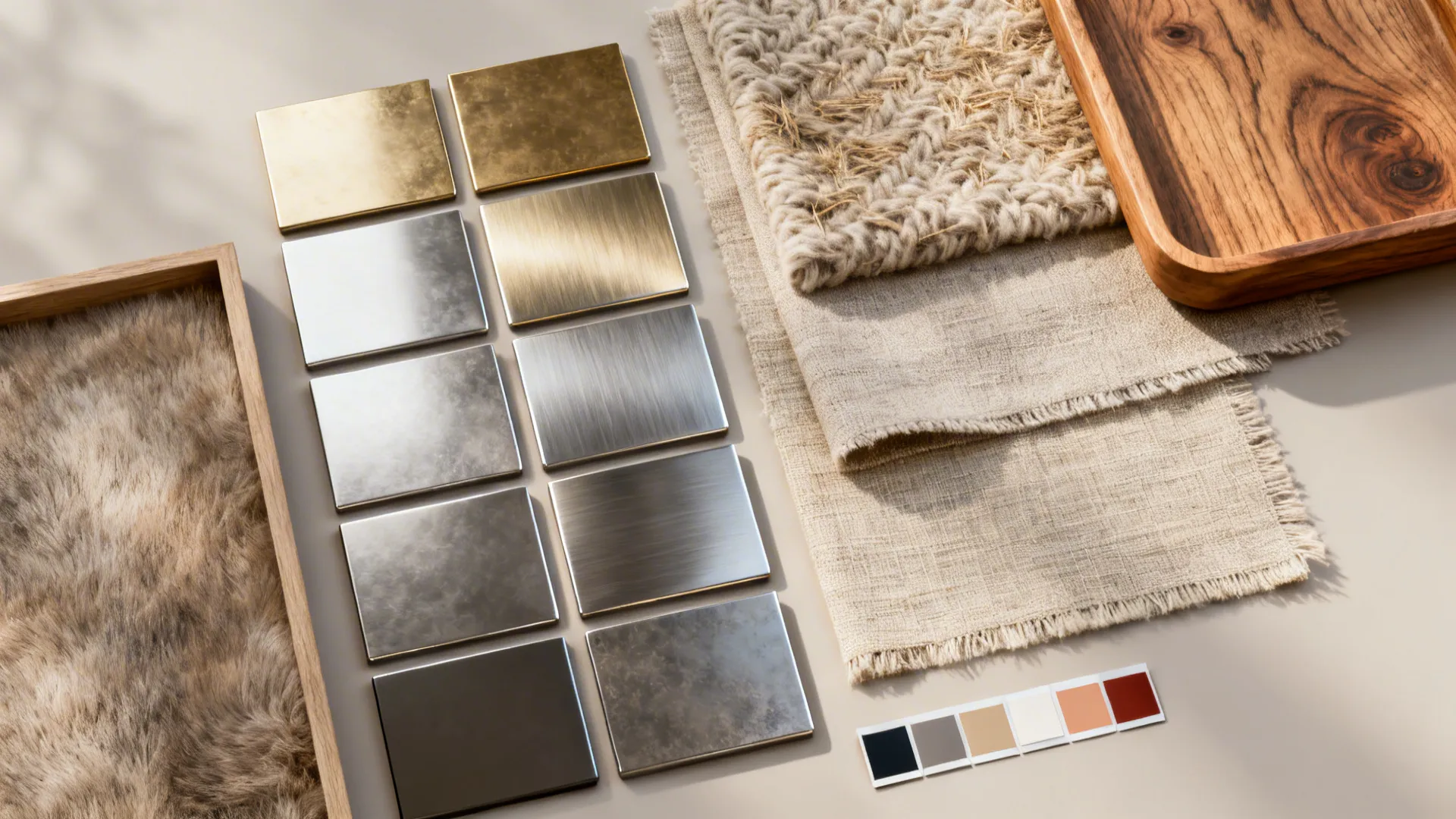 Top-down flatlay of metal finishes, fabric swatches, wood tray sample and color chips for styling metal tables.