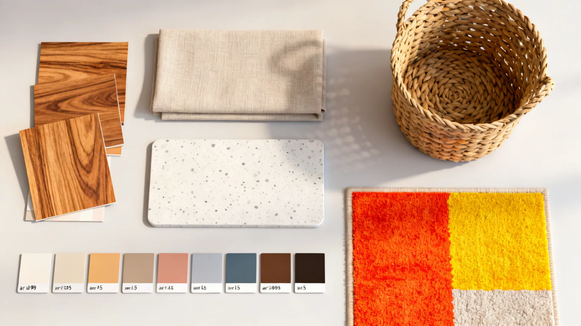 Flatlay of material swatches: wood, upholstery, wipeable surface, woven basket and rug sample.
