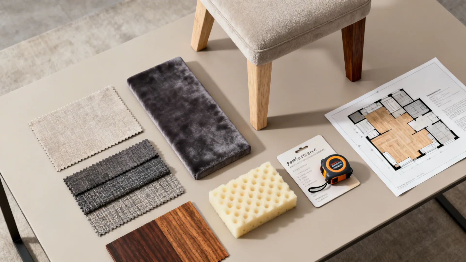 Flatlay of fabric swatches, leg finish samples, foam card and a 3D floorplan for swivel chair selection.