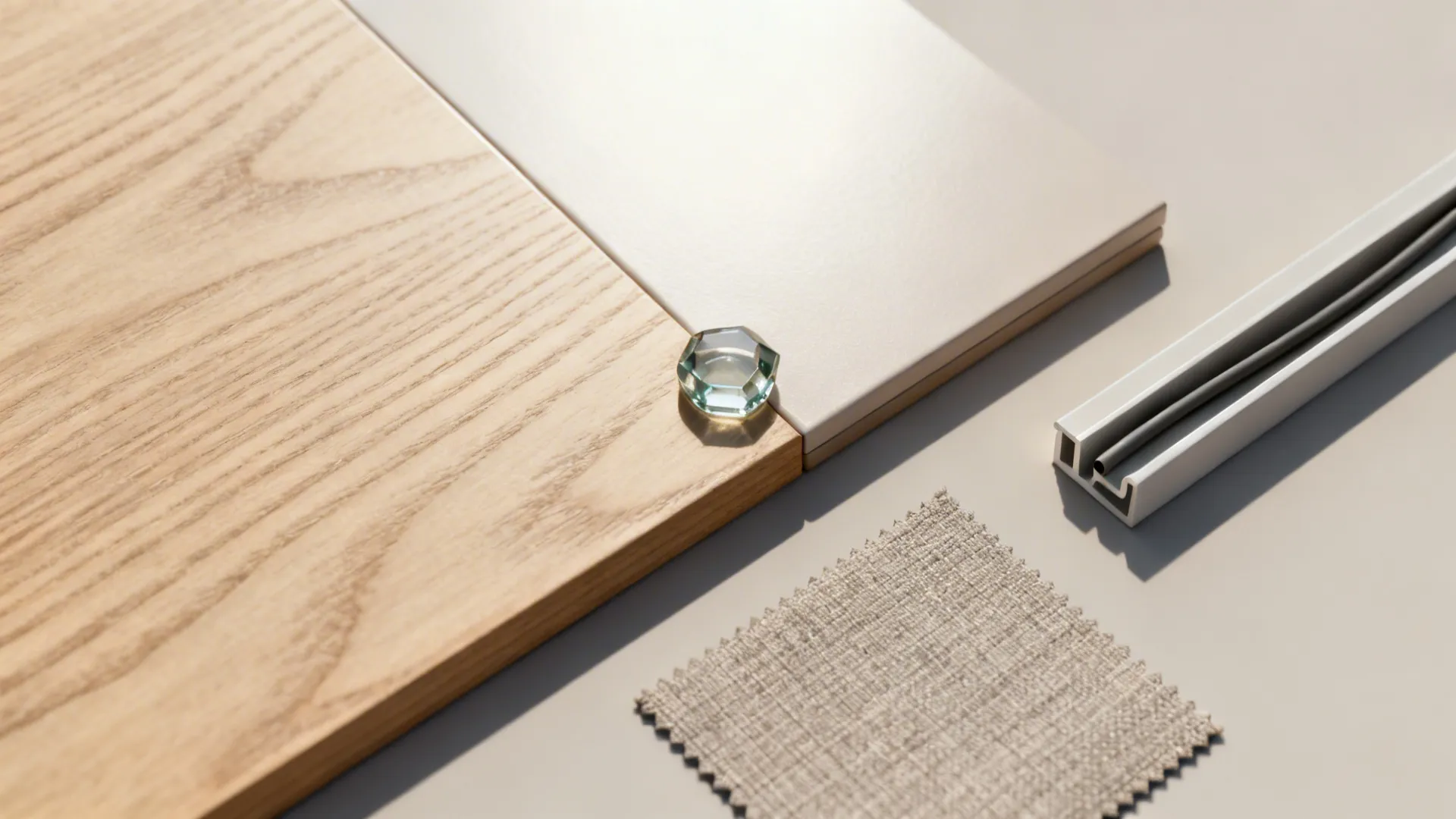 Material flatlay showing light wood, lacquer finish, glass accent and fabric swatch for small-room furniture.
