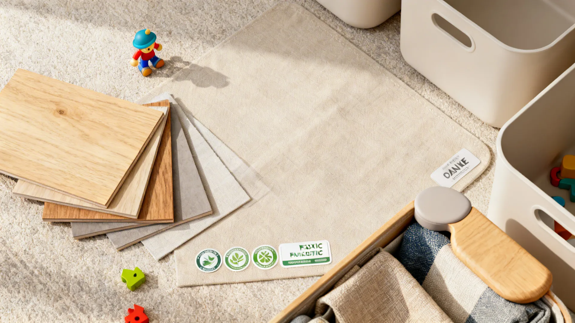 Flatlay of wood and fabric swatches, washable bin samples and safety features for toy storage