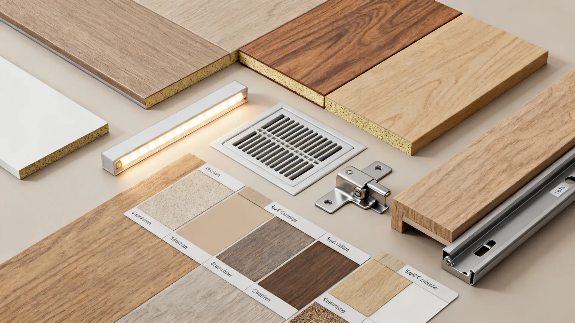Top-down material flatlay of wood, laminate, hardware and lighting samples for under‑stairs buildouts.