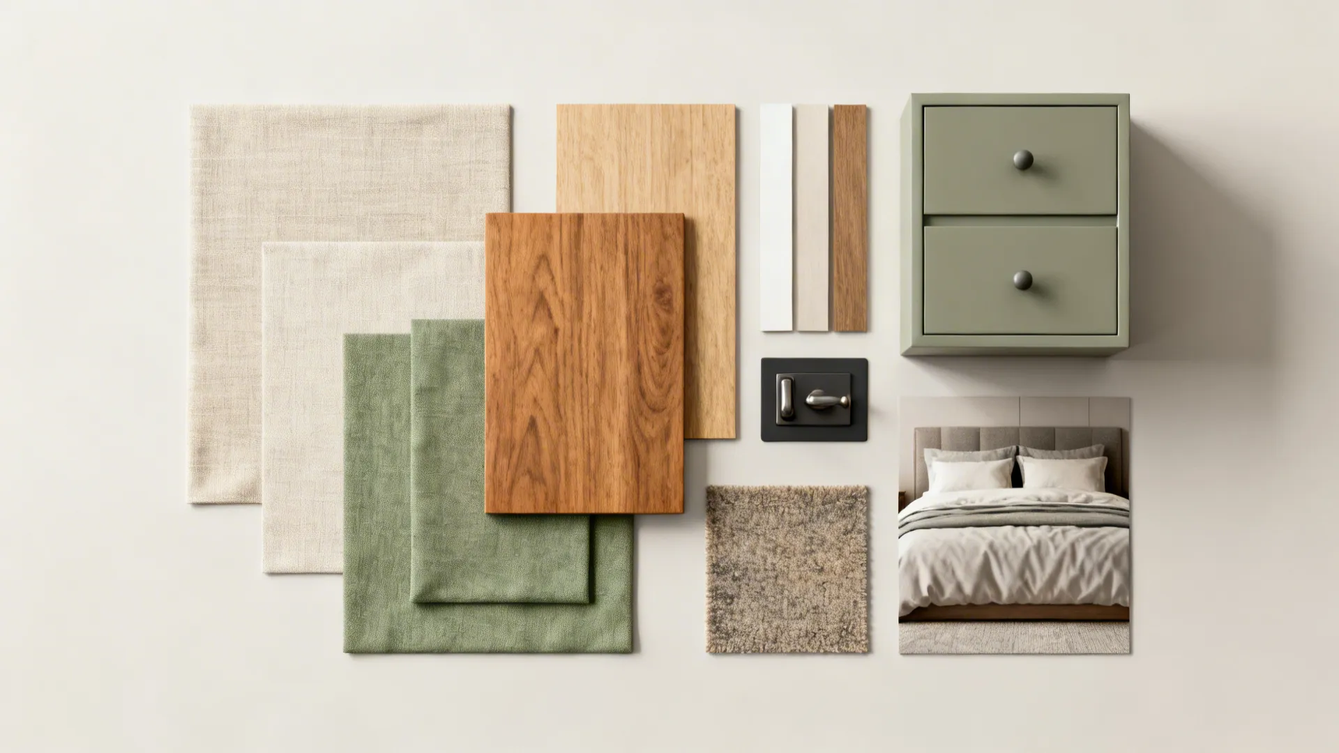 Collection of fabric samples wood panels a green cabinet and carpet for a bedroom design