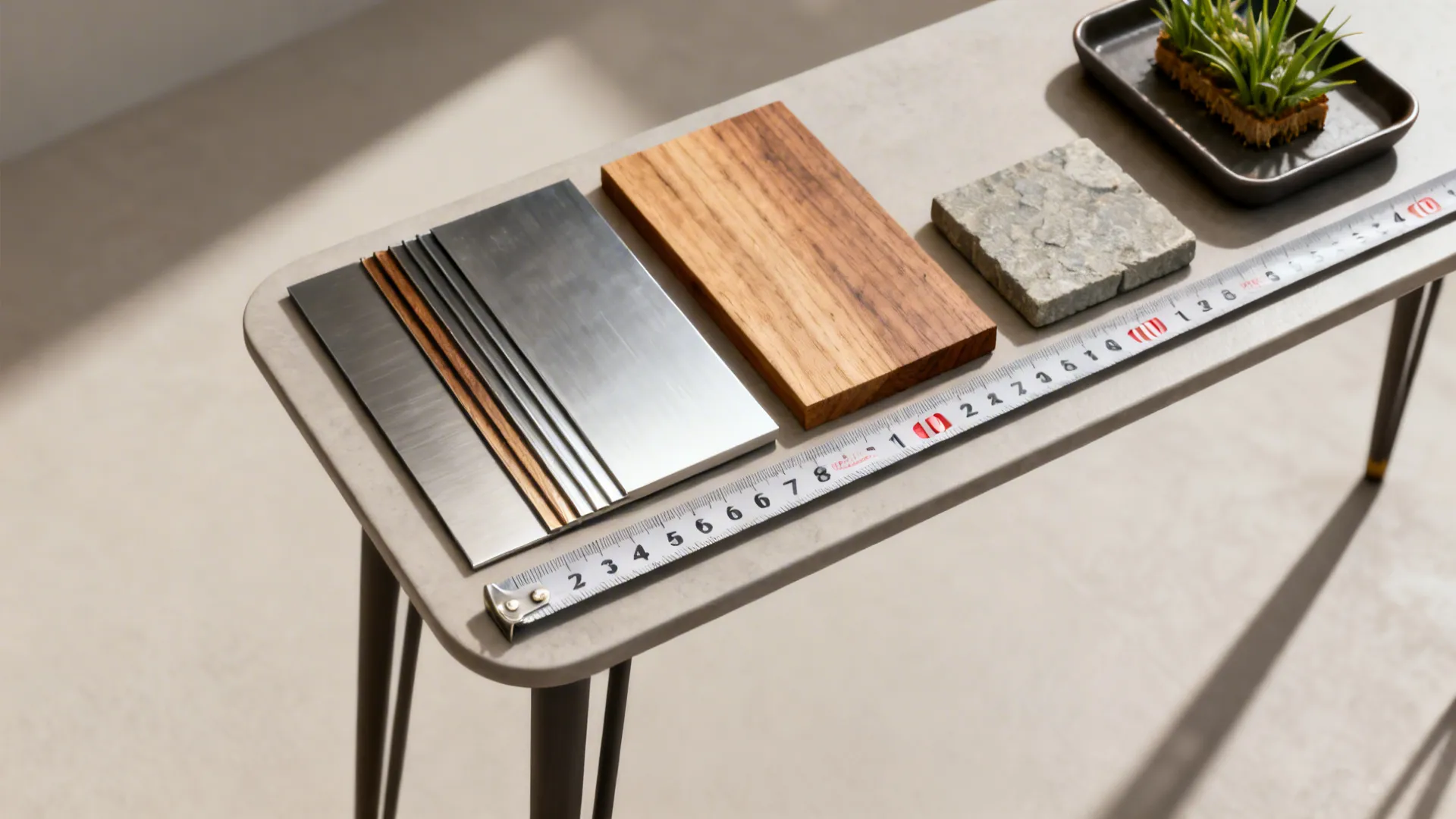 Material samples of metal wood and stone next to a long silver metal measuring tape