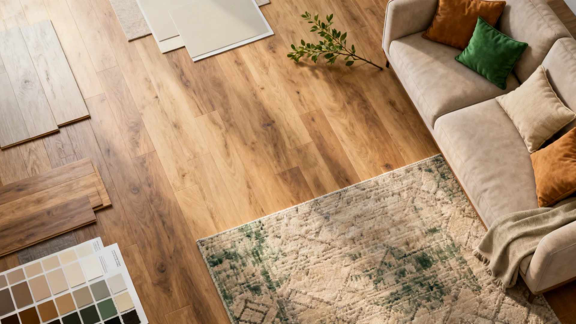 High angle view of wood floor samples, beige sofa with pillows, rug, and color palette
