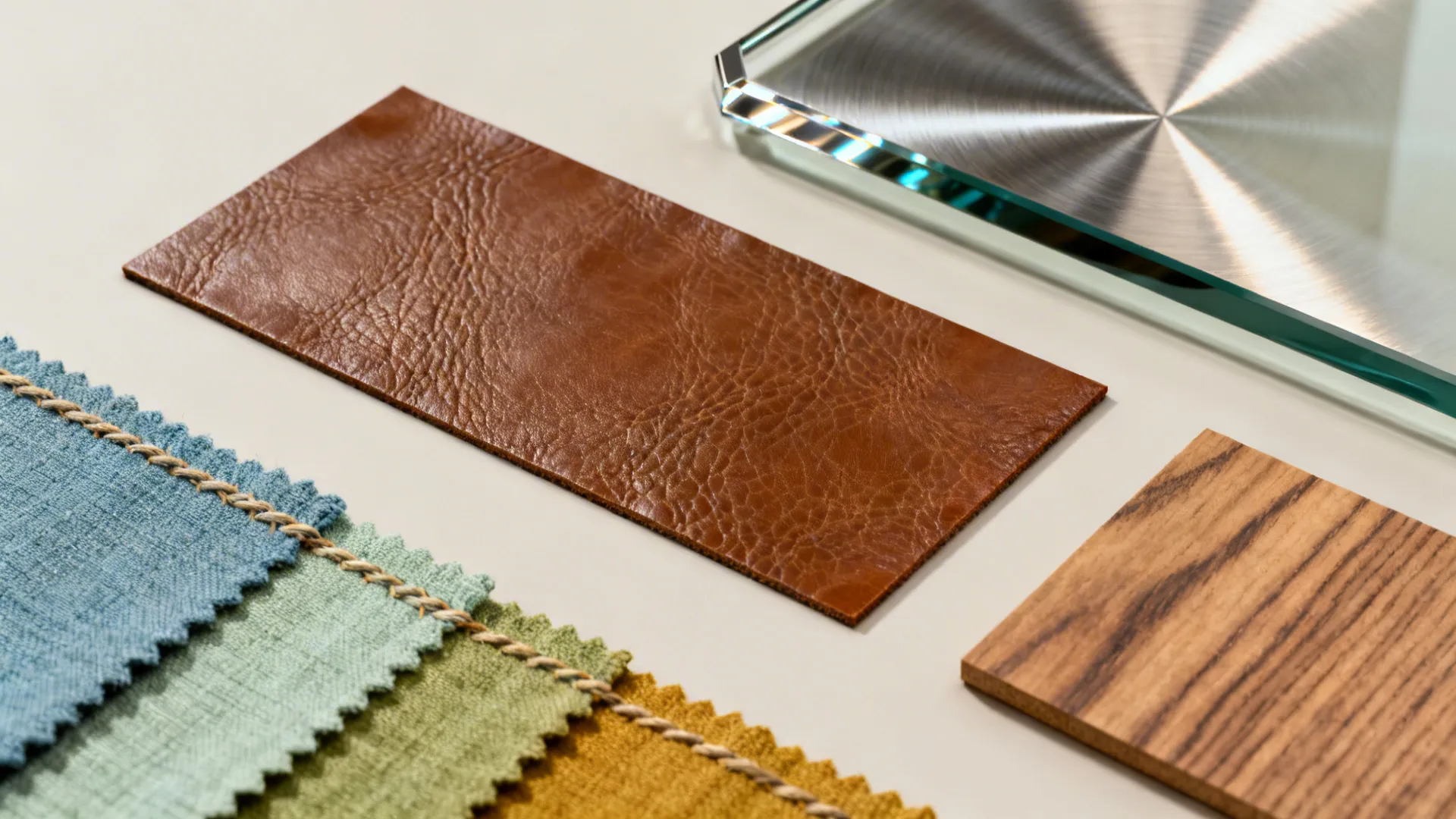 Flatlay of leather, metal, glass and fabric swatches for a modern mixed-material scheme