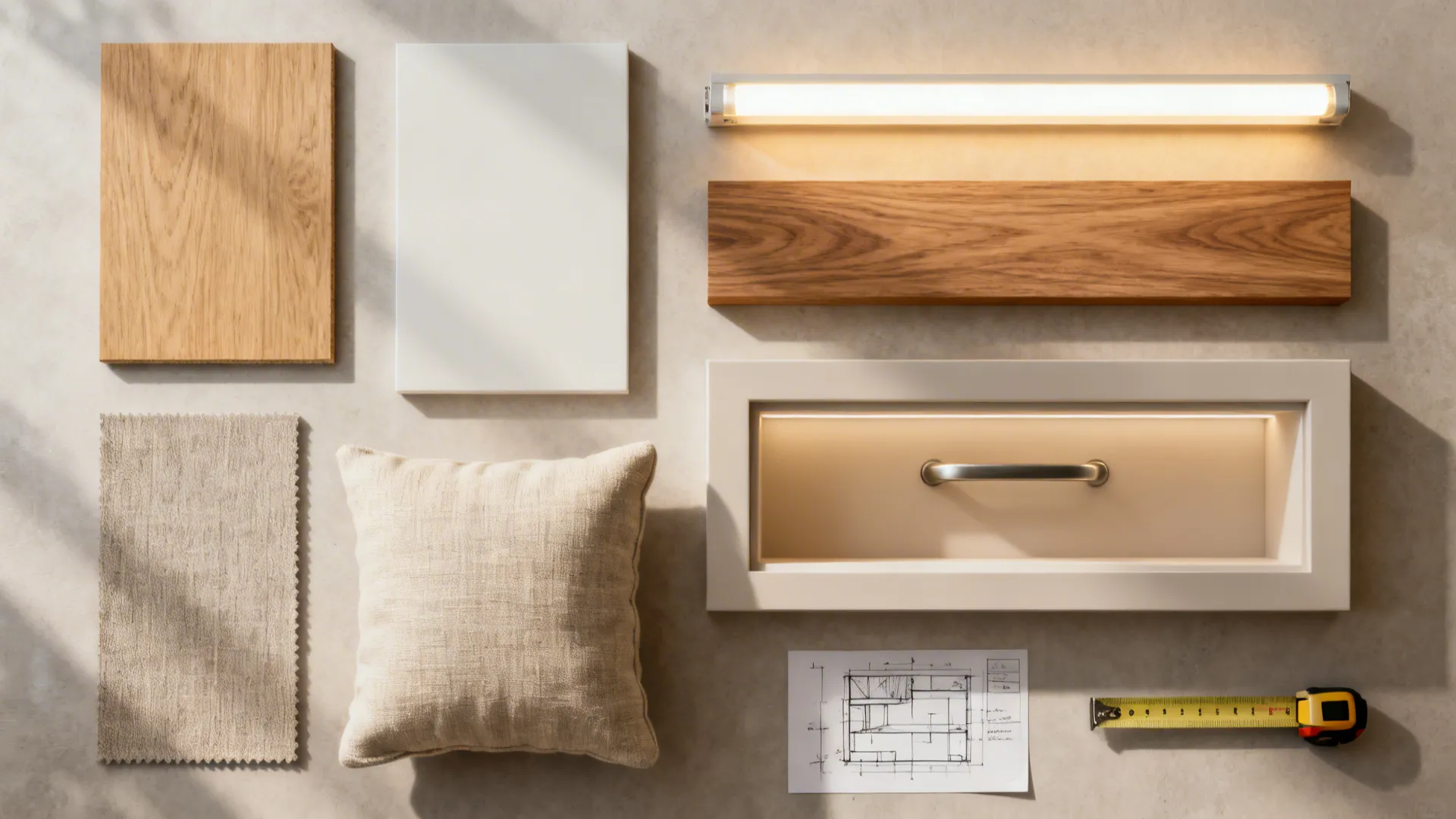 Flatlay of plywood, veneer, LED strip, handle sample and fabric swatches for built-in shelves.