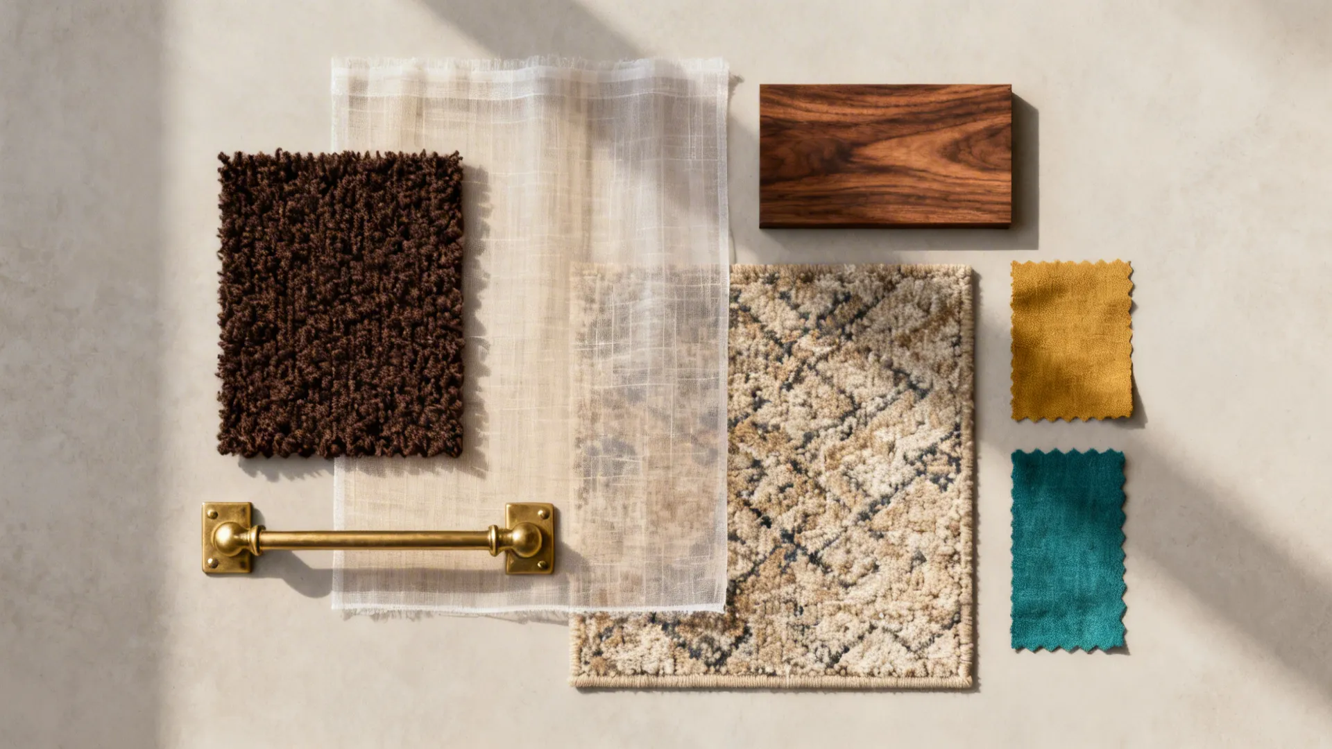 Material board with wood piece, carpet samples, fabric swatches, white sheer cloth, and brass handle