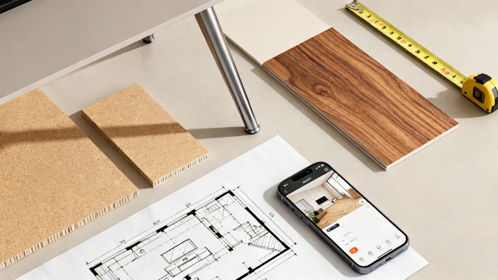Flatlay of materials and planning tools for designing a small TV stand.