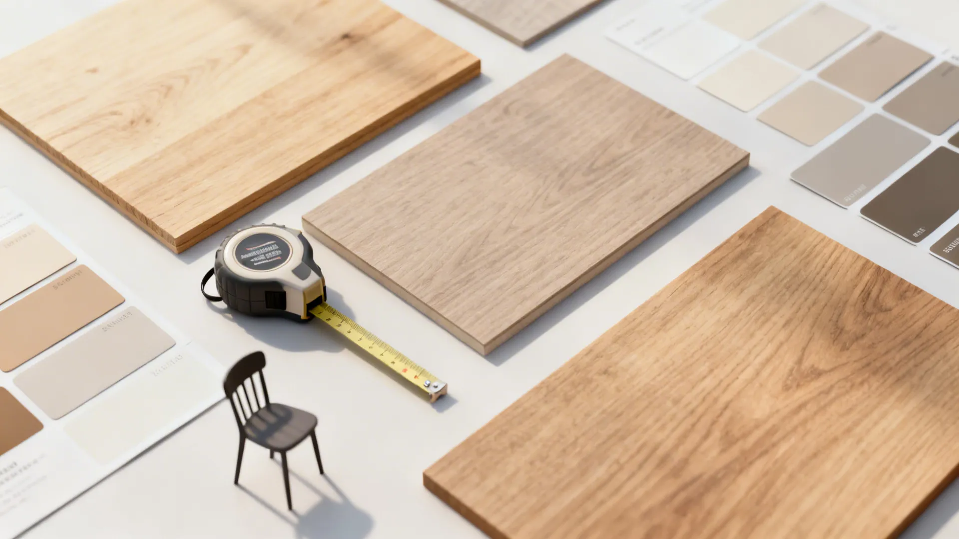 Flatlay of wood and laminate samples, paint chips and tape-measure for small-dining selection