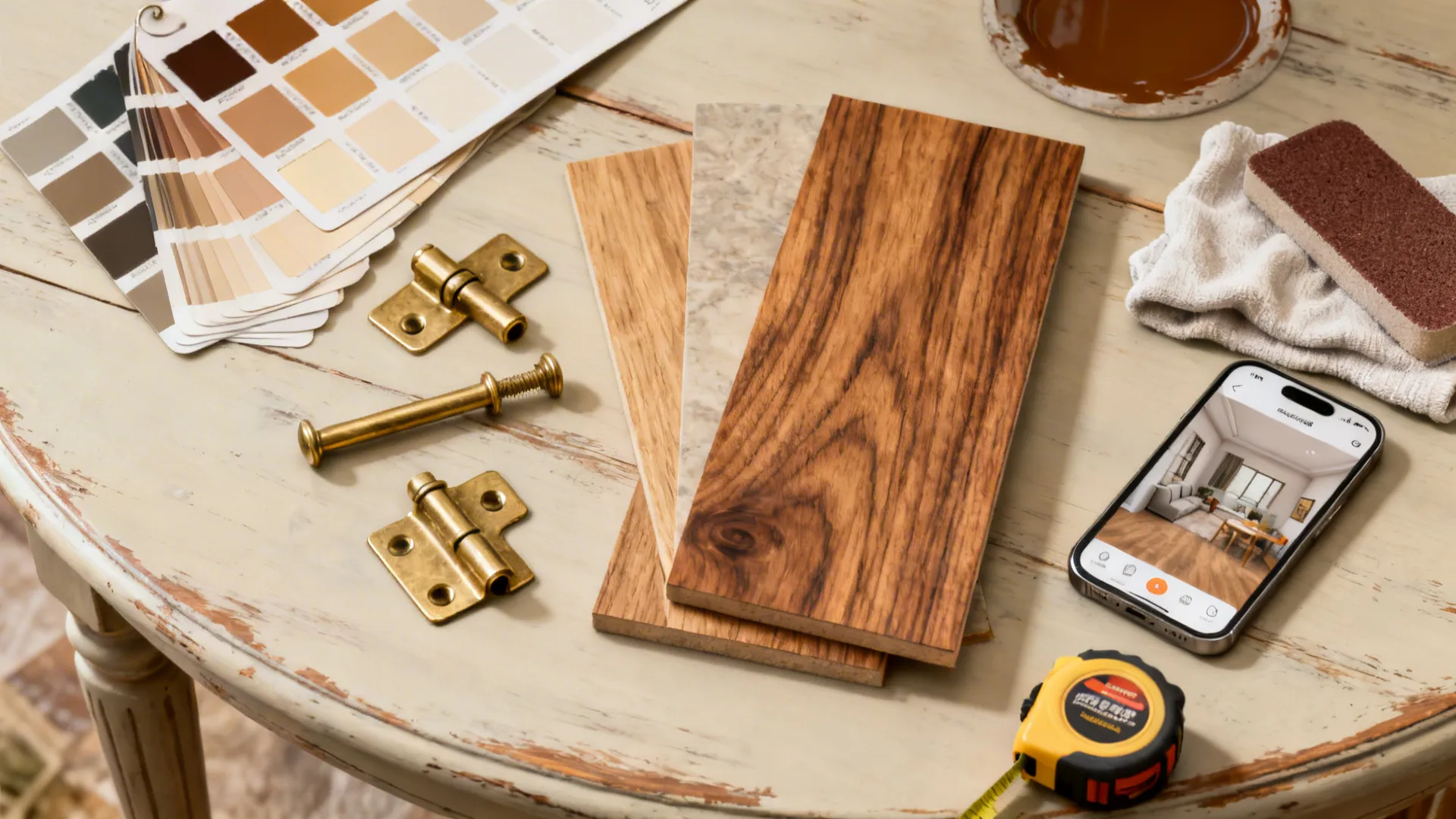 Flatlay of refinishing materials, hardware, and a phone with a 3D planner for dining table layout.